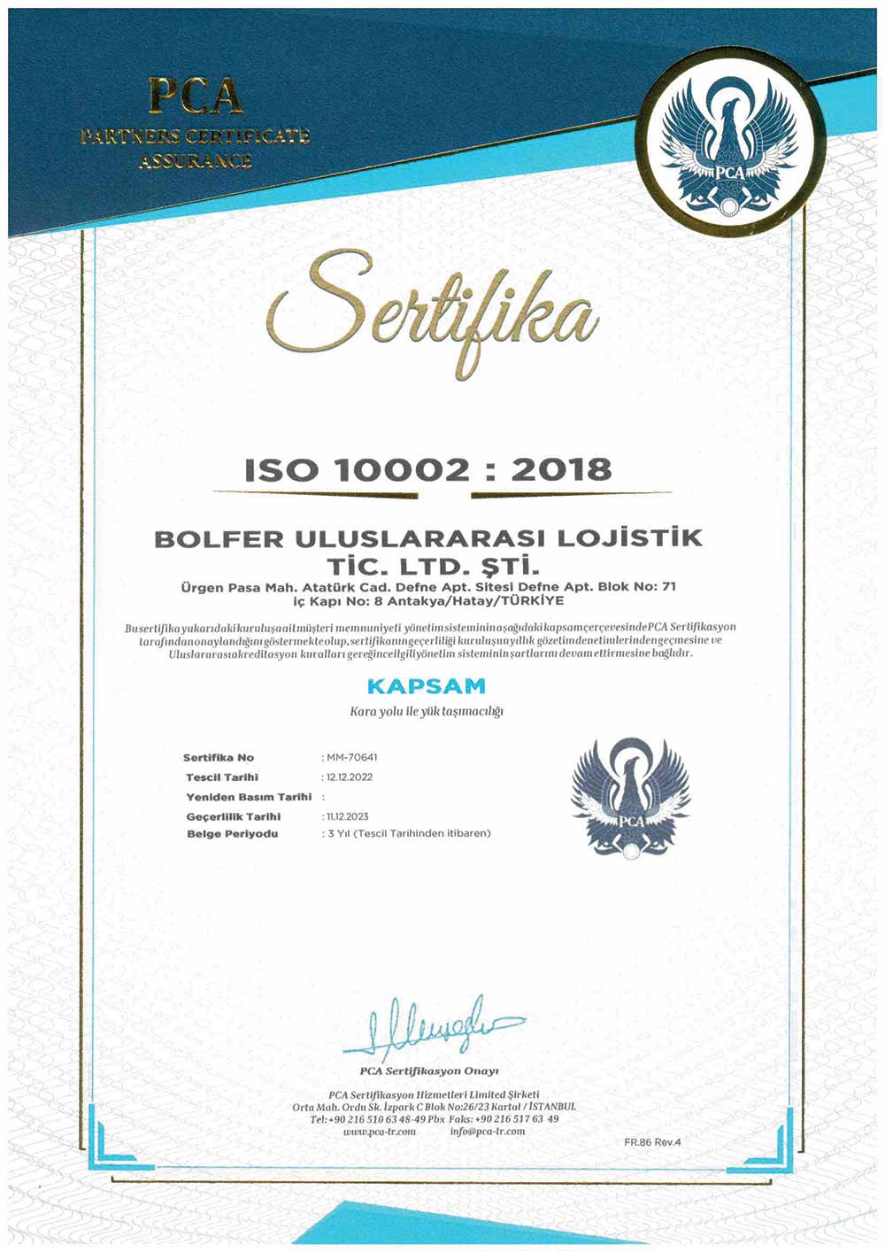 bolfer lojistik iso 10002 2018 sertifikası