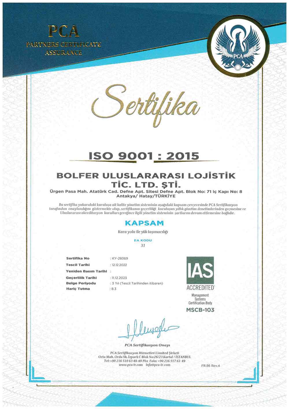 Bolfer Lojistik ISO 9001:2015 sertifikası